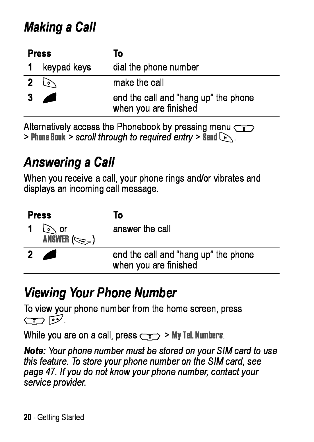 Motorola C390 manual Making a Call, Answering a Call, Viewing Your Phone Number 
