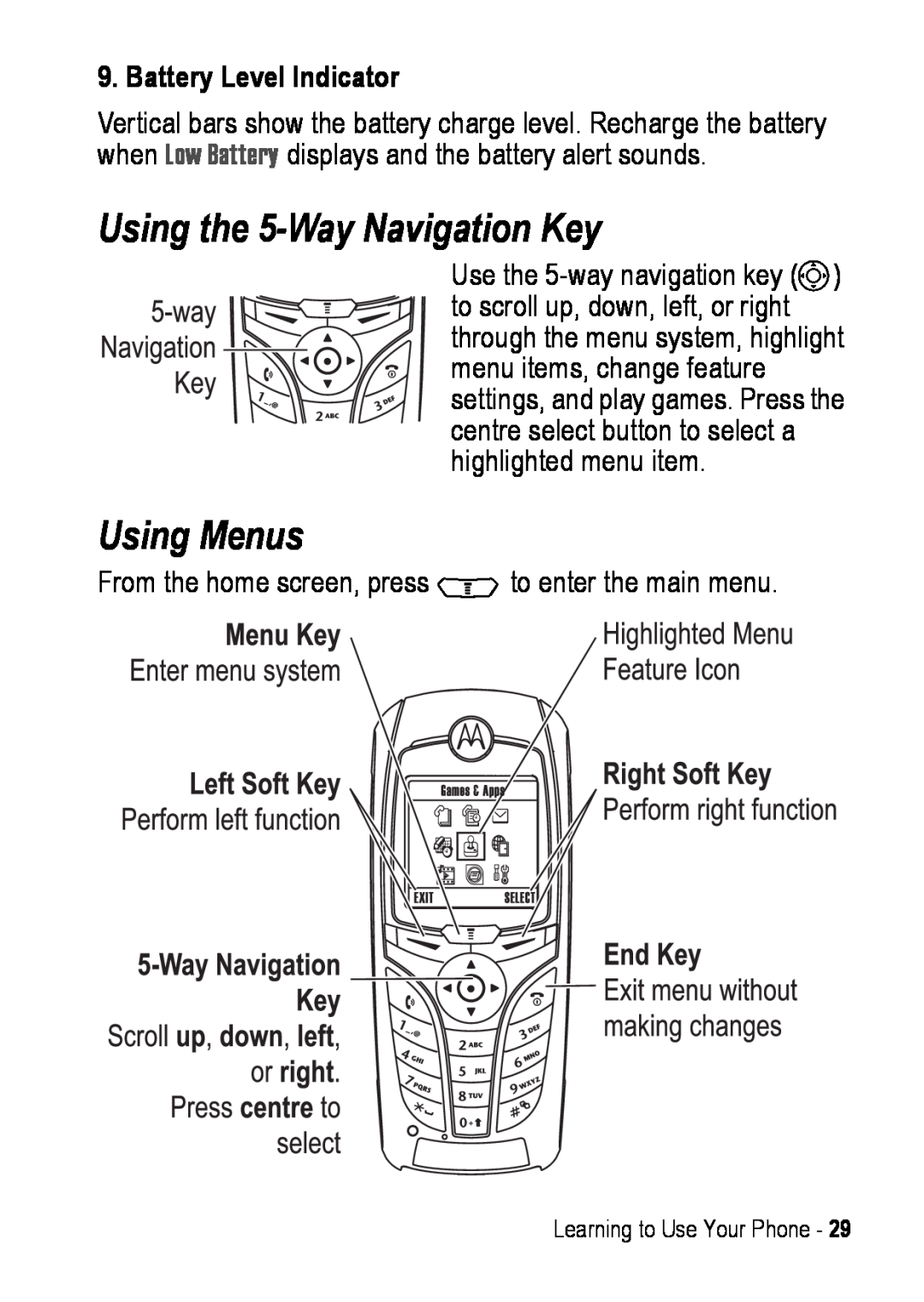 Motorola C390 manual Using the 5-Way Navigation Key, Using Menus, Battery Level Indicator 