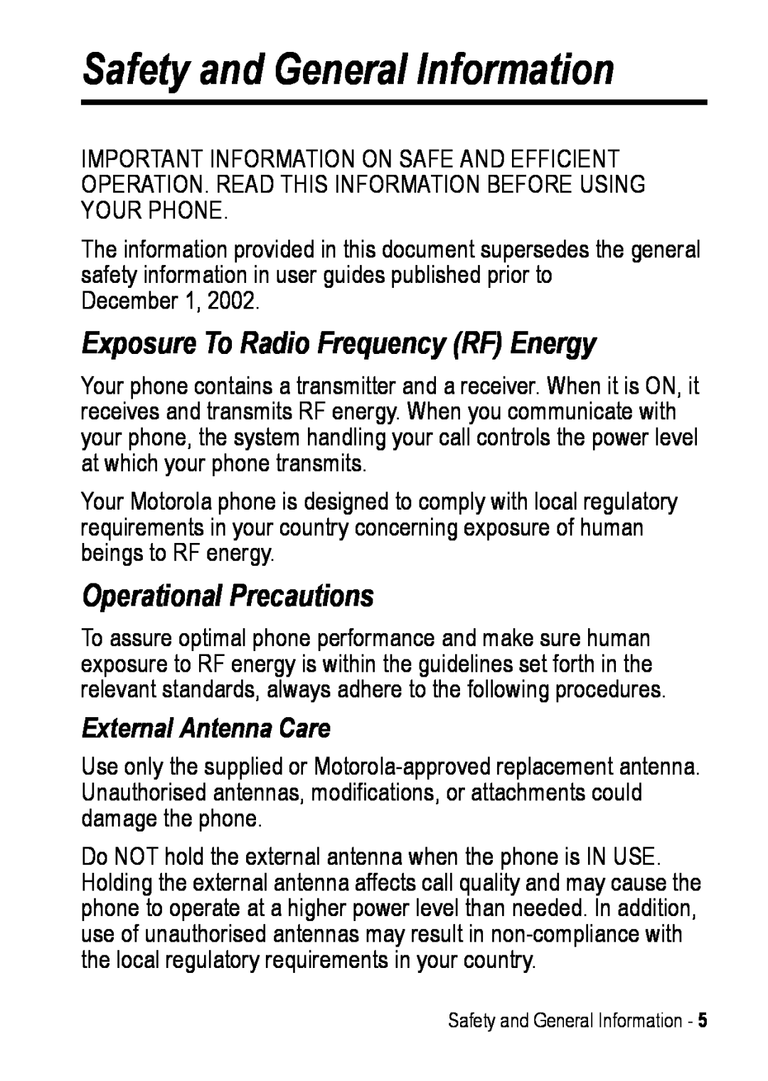 Motorola C390 manual Safety and General Information, Exposure To Radio Frequency RF Energy, Operational Precautions 