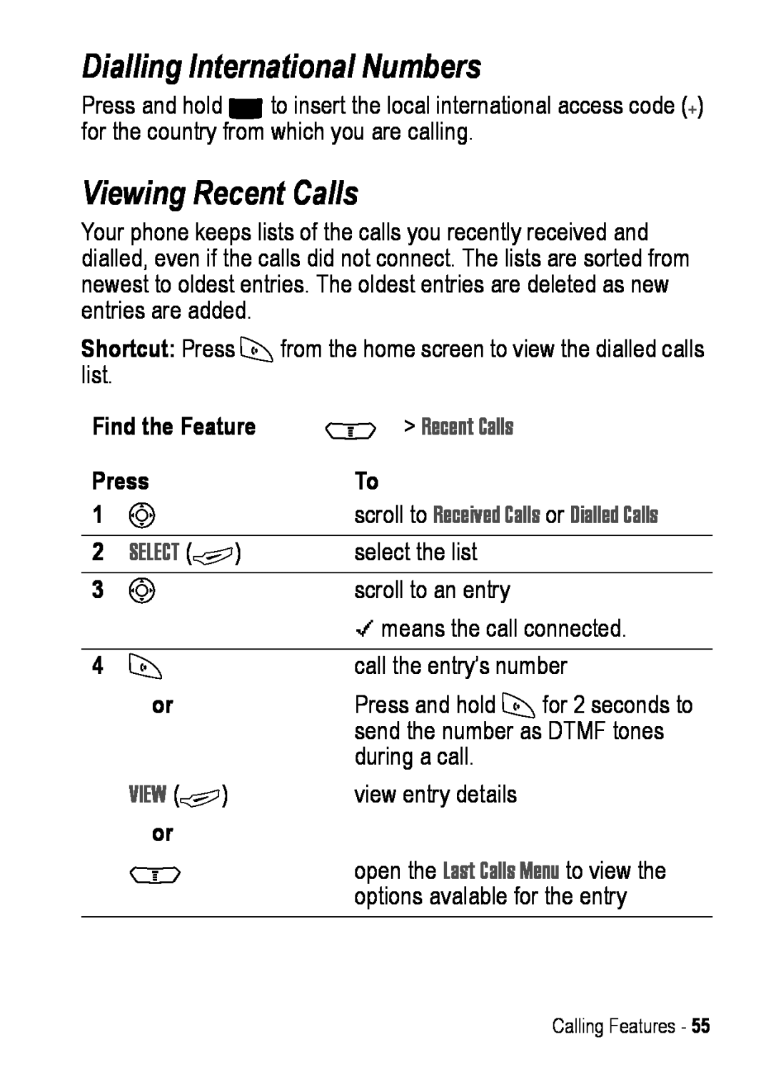 Motorola C390 manual Dialling International Numbers, Viewing Recent Calls, M Recent Calls, View +, Select + 