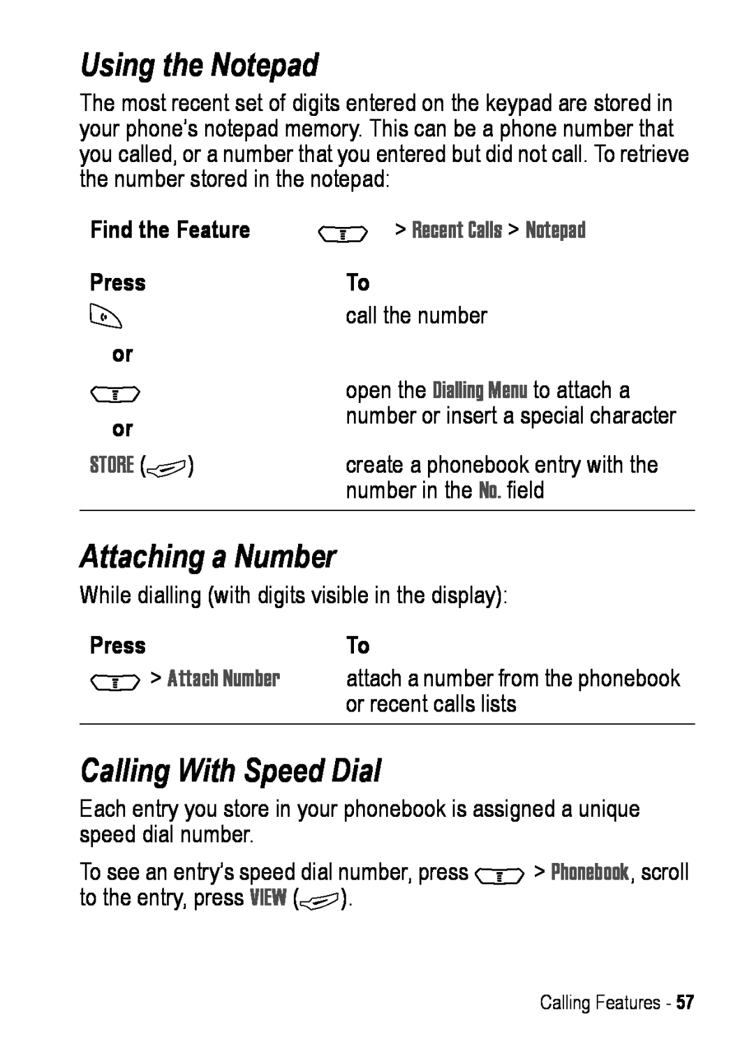 Motorola C390 manual Using the Notepad, Attaching a Number, Calling With Speed Dial, Store + 