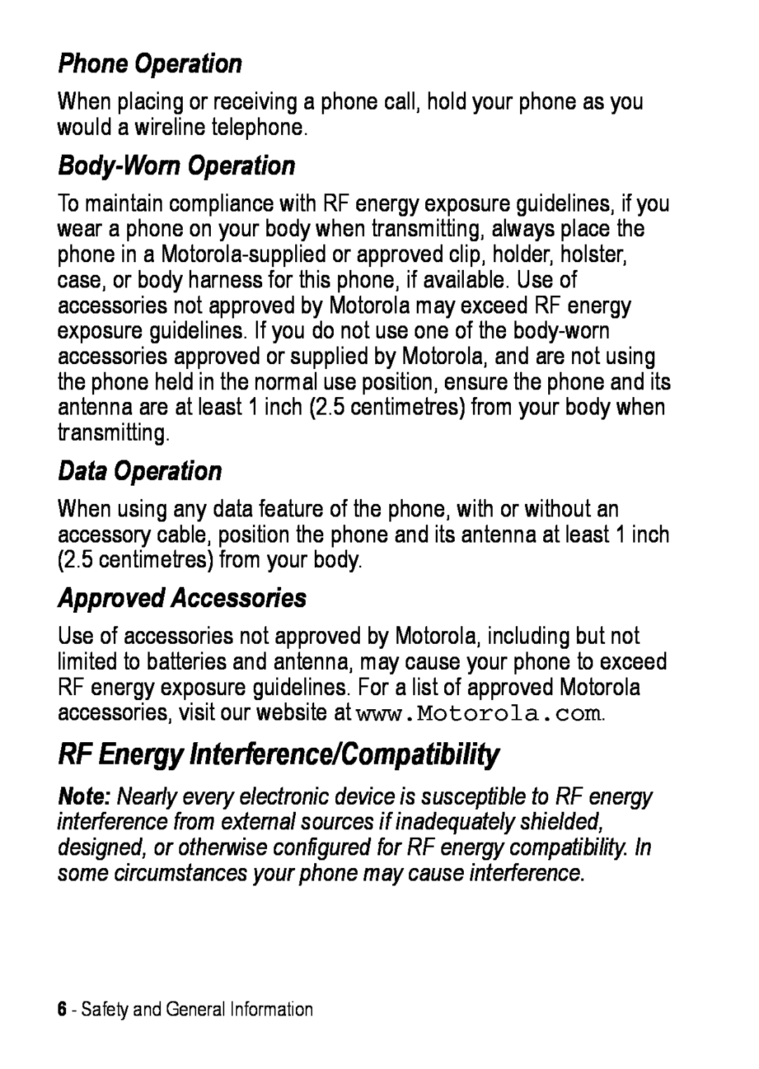 Motorola C390 manual RF Energy Interference/Compatibility, Phone Operation, Body-Worn Operation, Data Operation 