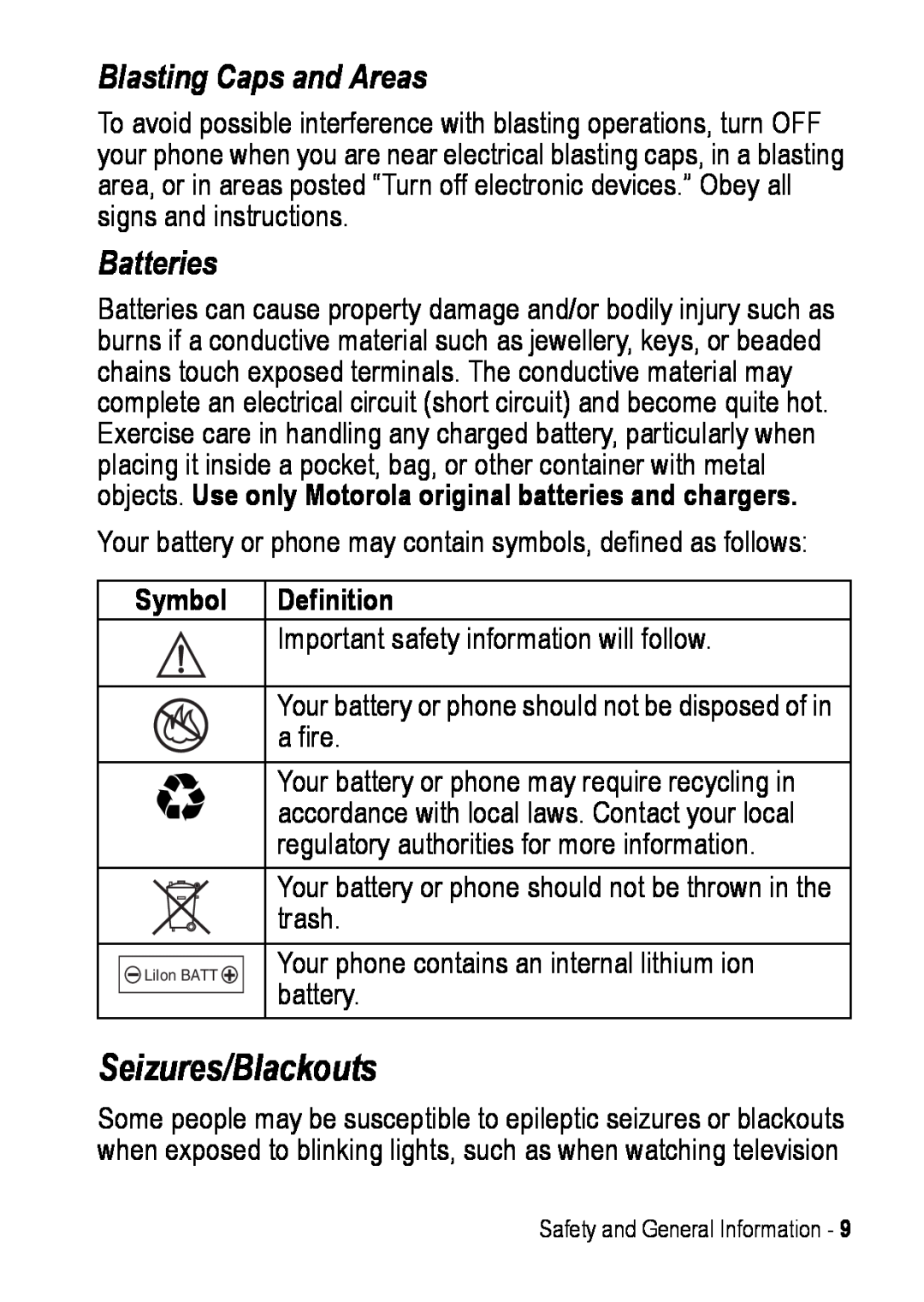 Motorola C390 manual Seizures/Blackouts, Blasting Caps and Areas, Batteries 