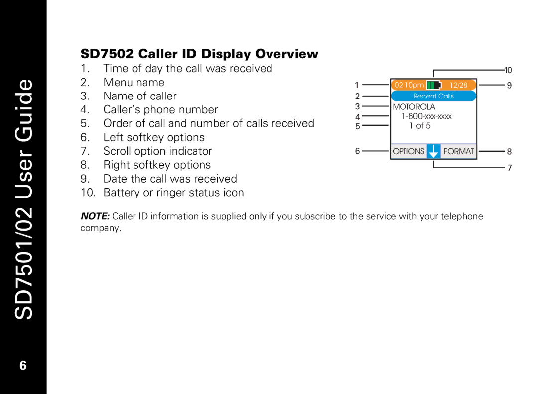 Motorola C51 Series manual SD7502 Caller ID Display Overview 