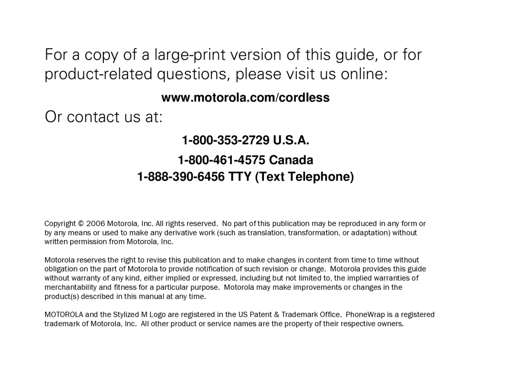 Motorola C51 Series manual Canada TTY Text Telephone 