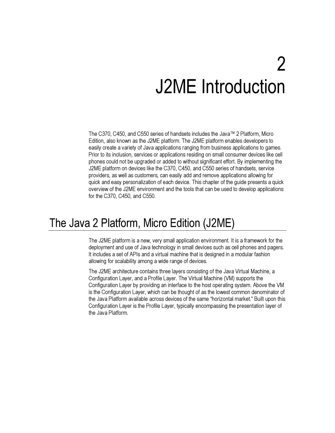 Motorola C450, C550, C370 technical manual J2ME Introduction, Java 2 Platform, Micro Edition J2ME 