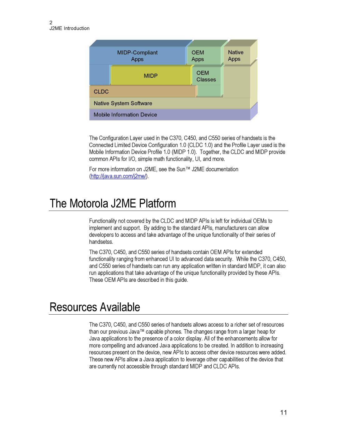 Motorola C370, C550, C450 technical manual Motorola J2ME Platform, Resources Available 