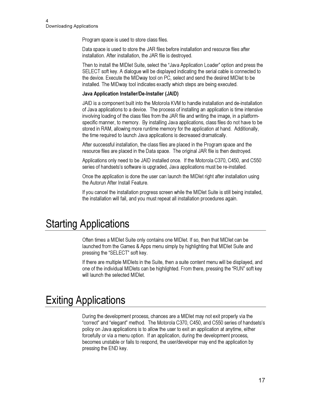 Motorola C370, C550, C450 Starting Applications, Exiting Applications, Java Application Installer/De-Installer Jaid 