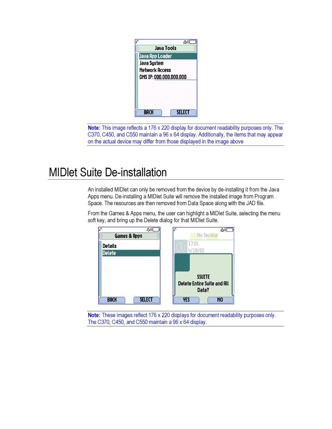 Motorola C550, C450, C370 technical manual MIDlet Suite De-installation 