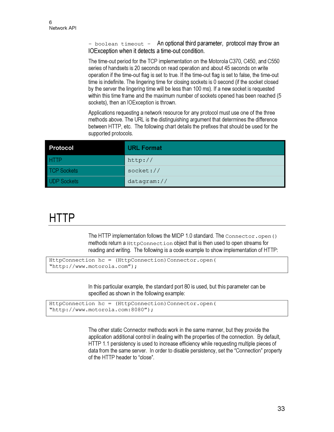 Motorola C550, C450, C370 technical manual IOException when it detects a time-out condition, URL Format 