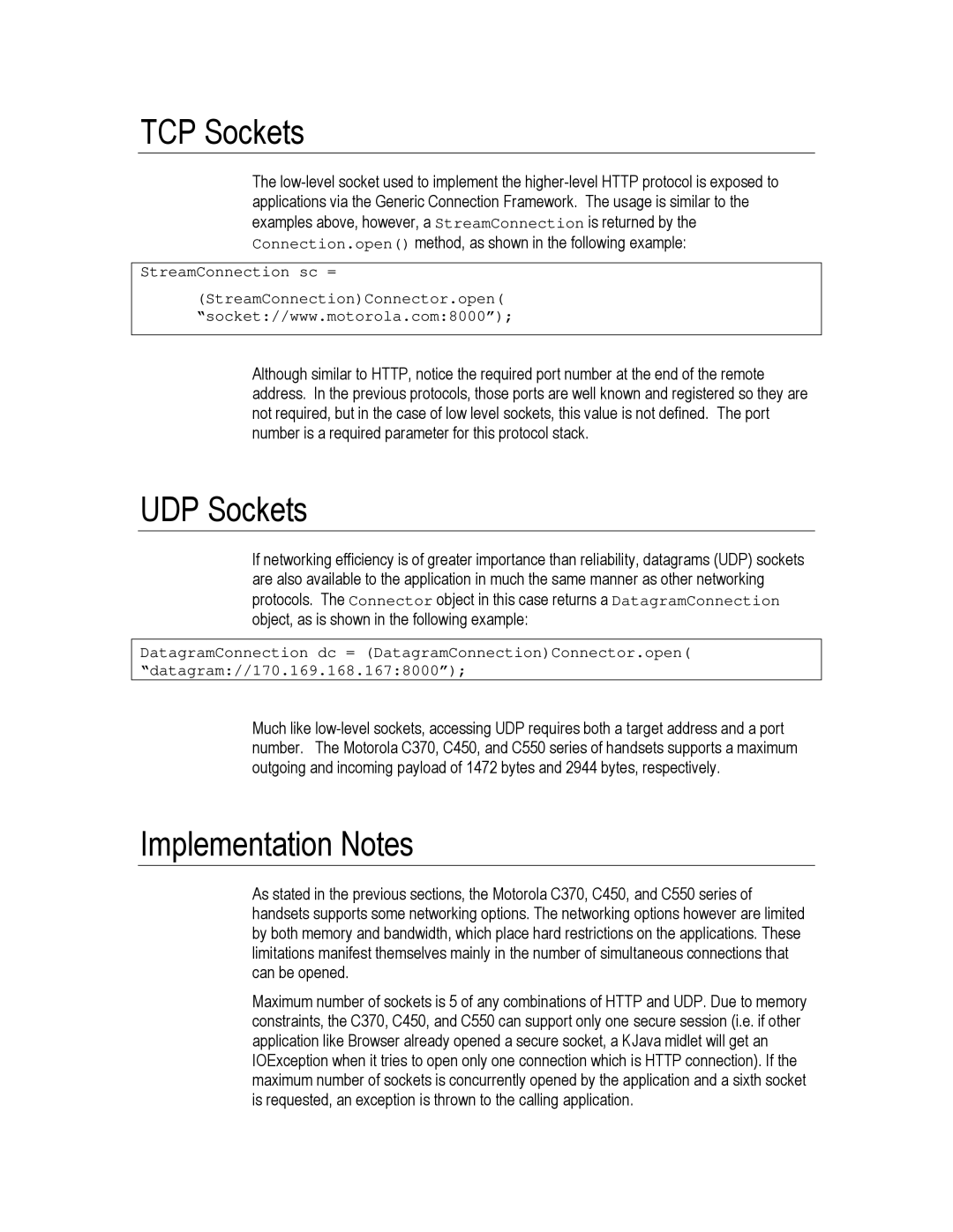 Motorola C450, C550, C370 technical manual TCP Sockets, UDP Sockets, Implementation Notes 