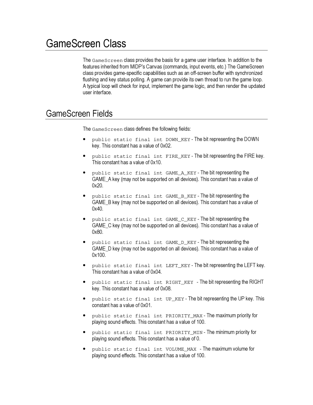 Motorola C450, C550, C370 technical manual GameScreen Class, GameScreen Fields 