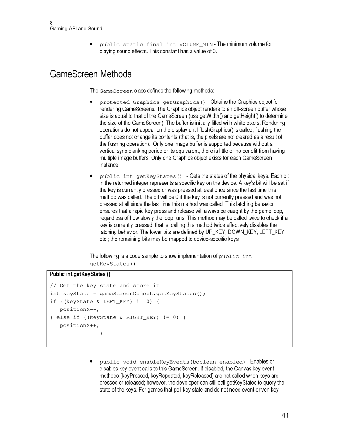 Motorola C370, C550, C450 technical manual GameScreen Methods, Public int getKeyStates 