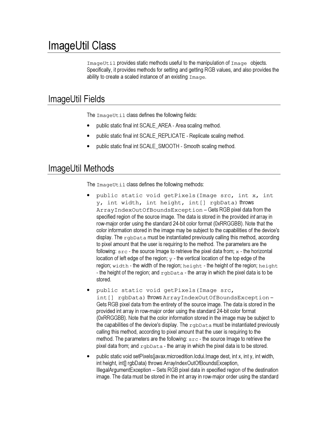 Motorola C370, C550, C450 technical manual ImageUtil Class, ImageUtil Fields, ImageUtil Methods 