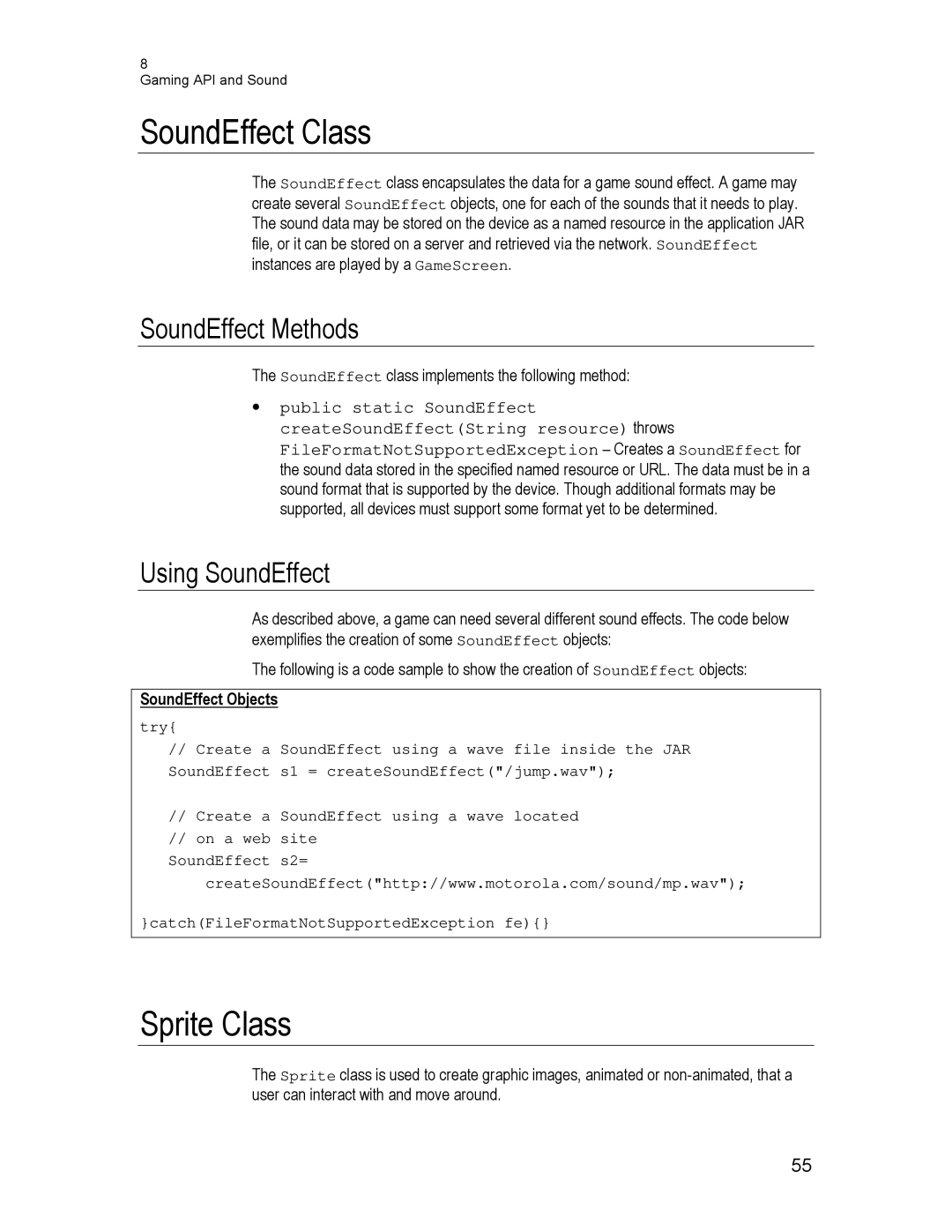 Motorola C450, C550, C370 SoundEffect Class, Sprite Class, SoundEffect Methods, Using SoundEffect, SoundEffect Objects 