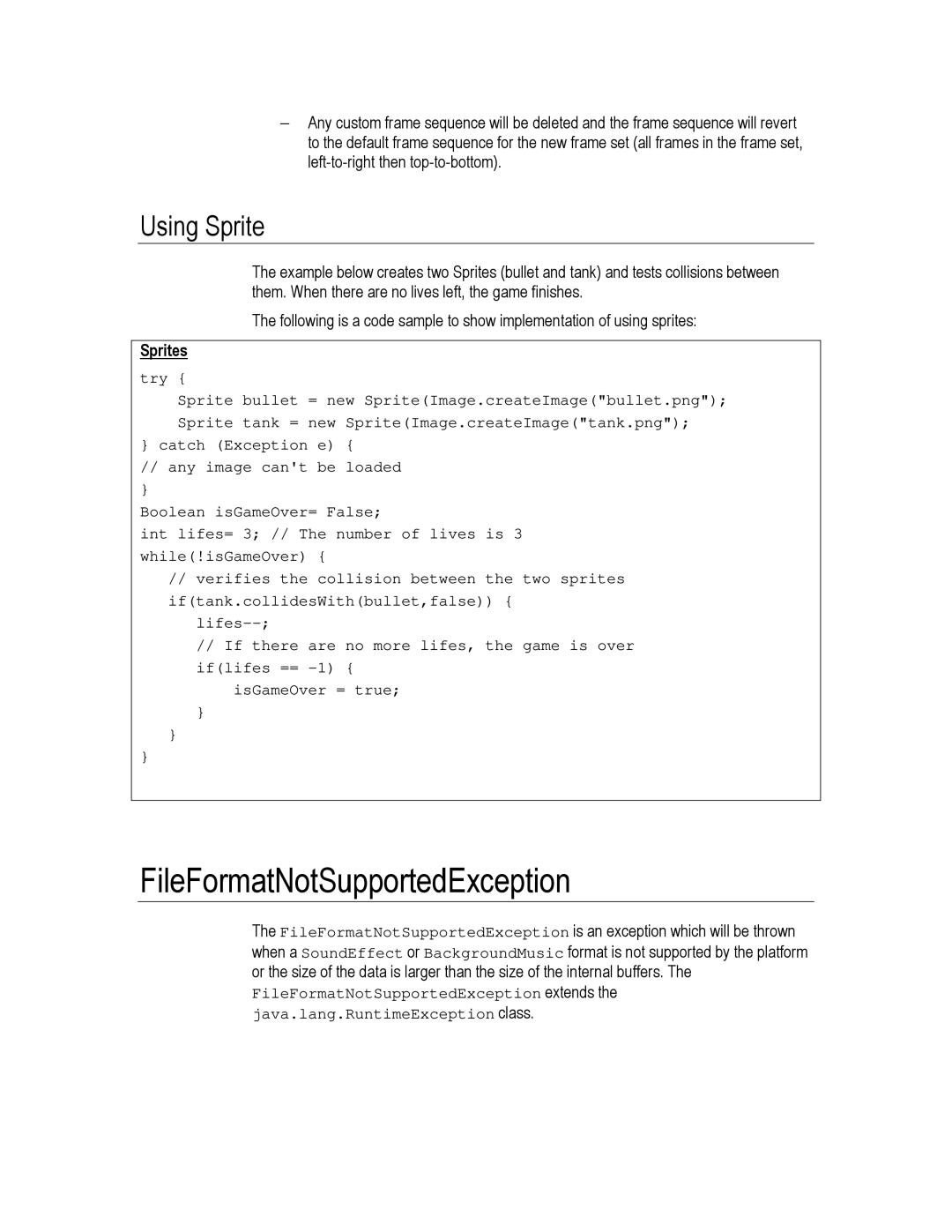 Motorola C550, C450, C370 technical manual FileFormatNotSupportedException, Using Sprite, Sprites 