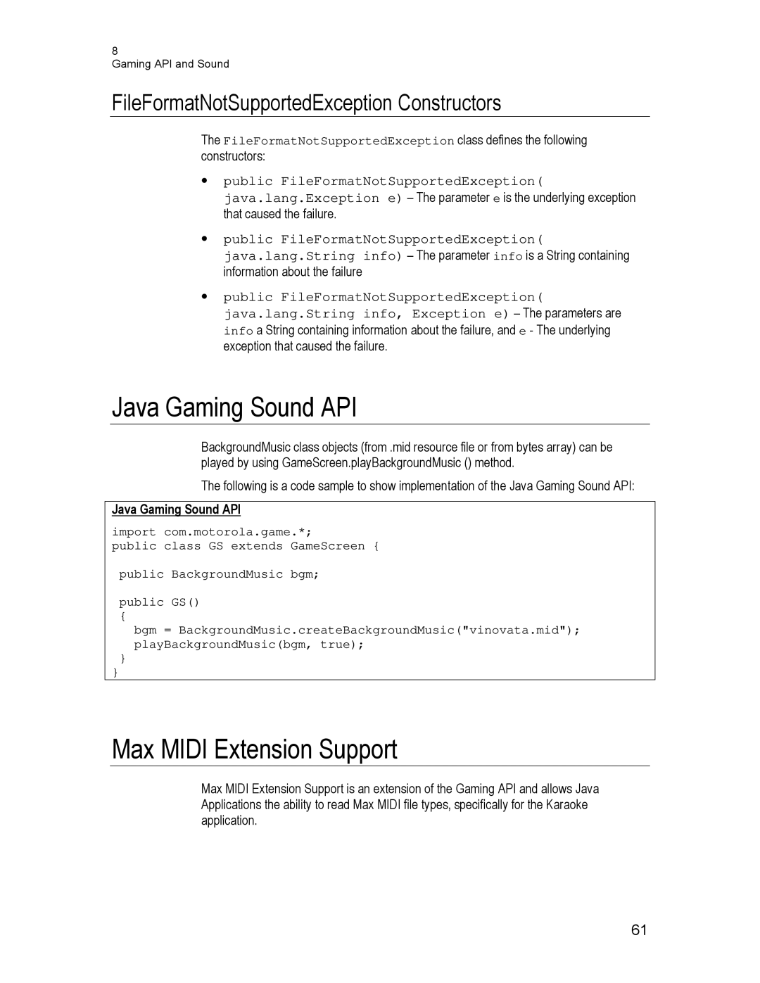 Motorola C450, C550, C370 Java Gaming Sound API, Max Midi Extension Support, FileFormatNotSupportedException Constructors 