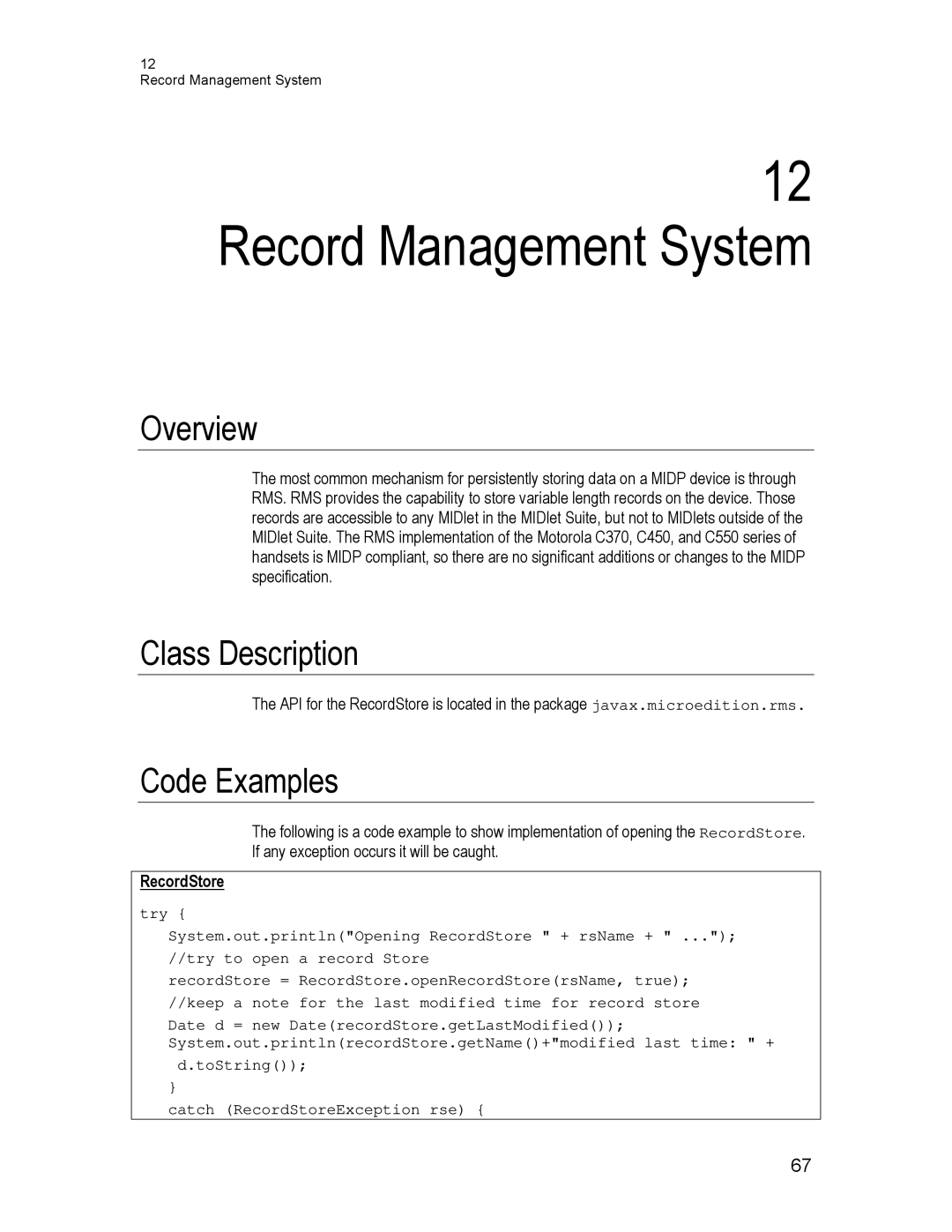 Motorola C450, C550, C370 technical manual Record Management System, Class Description, Code Examples, RecordStore 