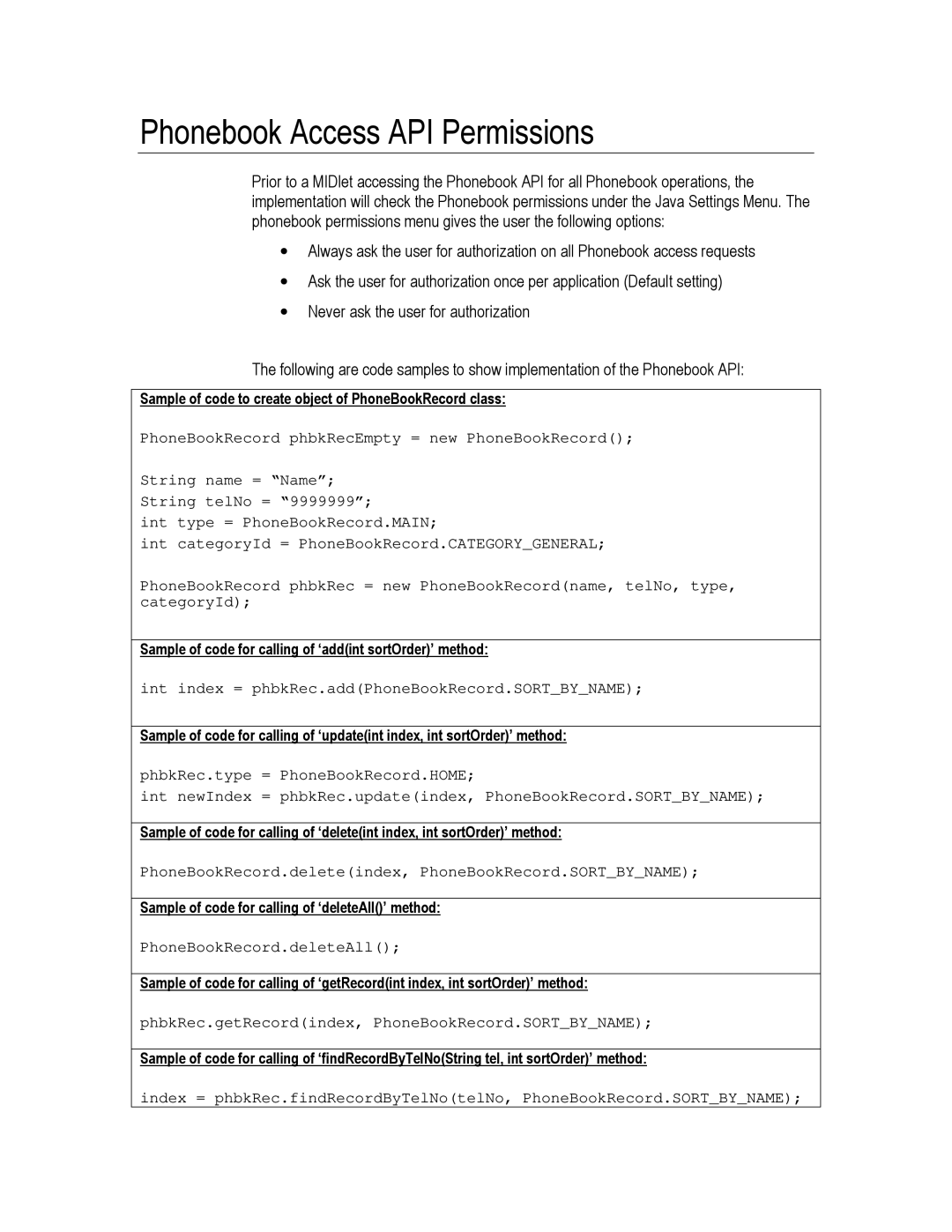 Motorola C450, C550, C370 Phonebook Access API Permissions, Sample of code to create object of PhoneBookRecord class 