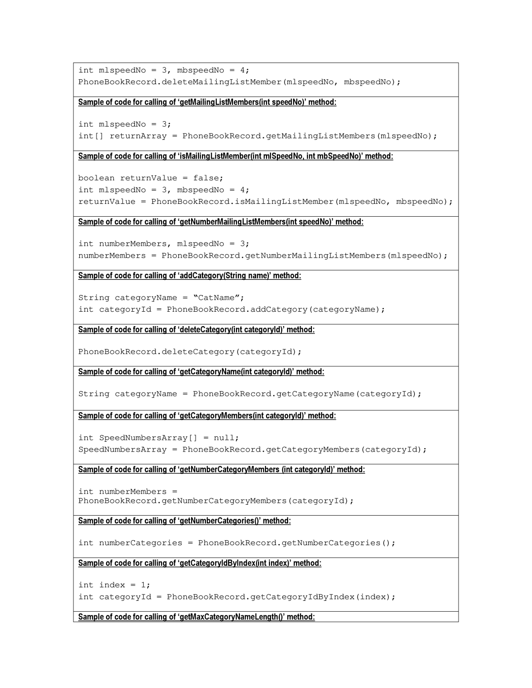 Motorola C370, C550, C450 technical manual Sample of code for calling of ‘getNumberCategories’ method 