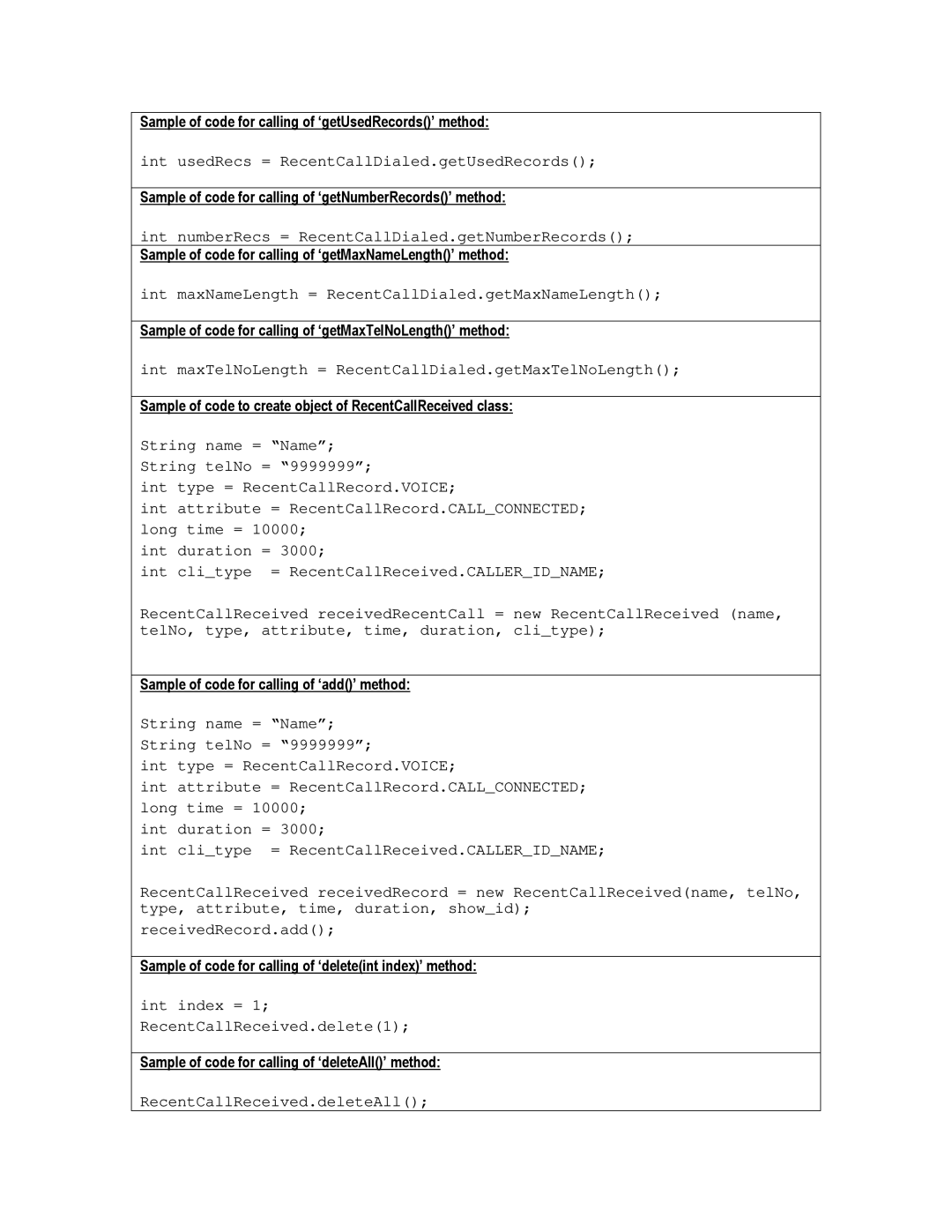 Motorola C450, C550, C370 technical manual Sample of code for calling of ‘getUsedRecords’ method 