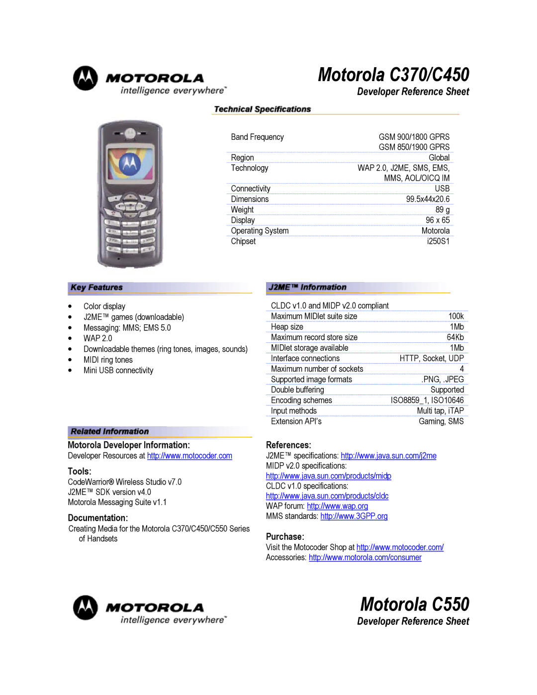 Motorola C550, C450, C370 technical manual Motorola Developer Information Tools, Documentation, References Purchase 