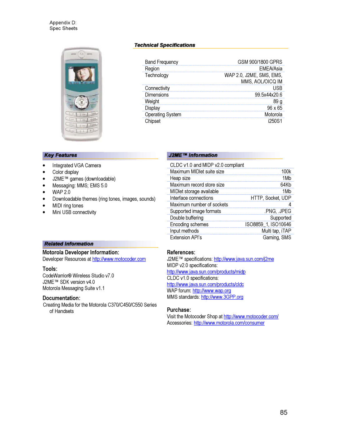 Motorola C450, C550, C370 technical manual Motorola Developer Information Tools 