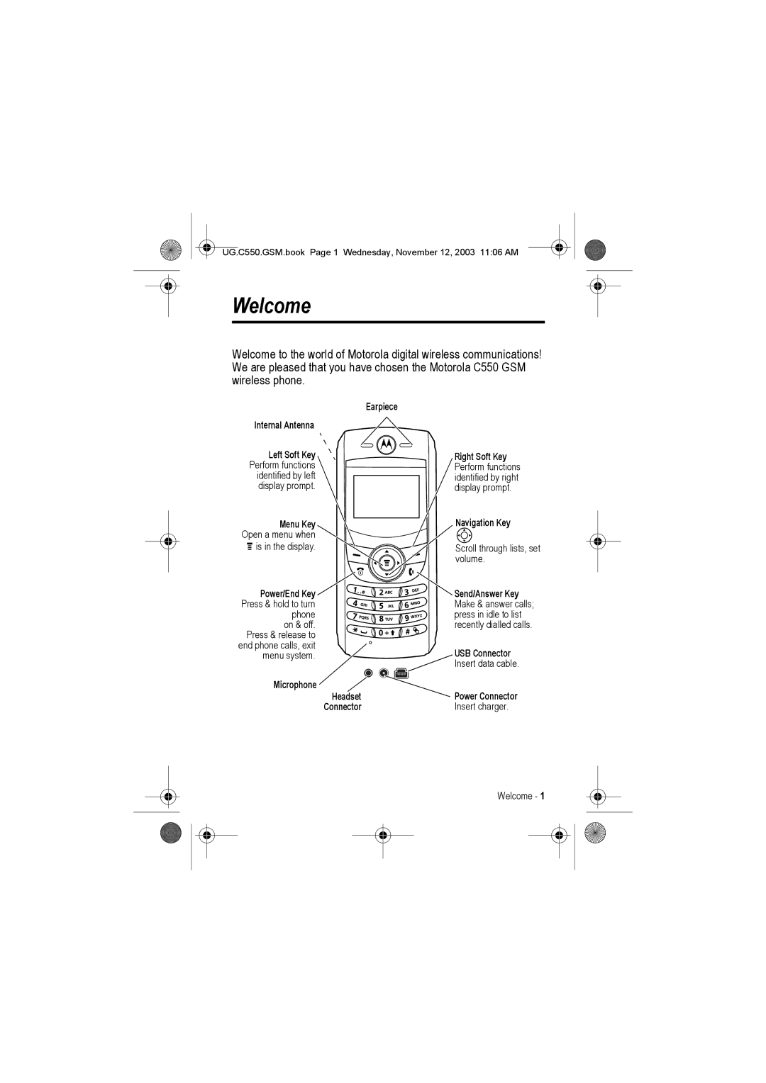 Motorola C550 manual Welcome, Power/End Key Send/Answer Key 