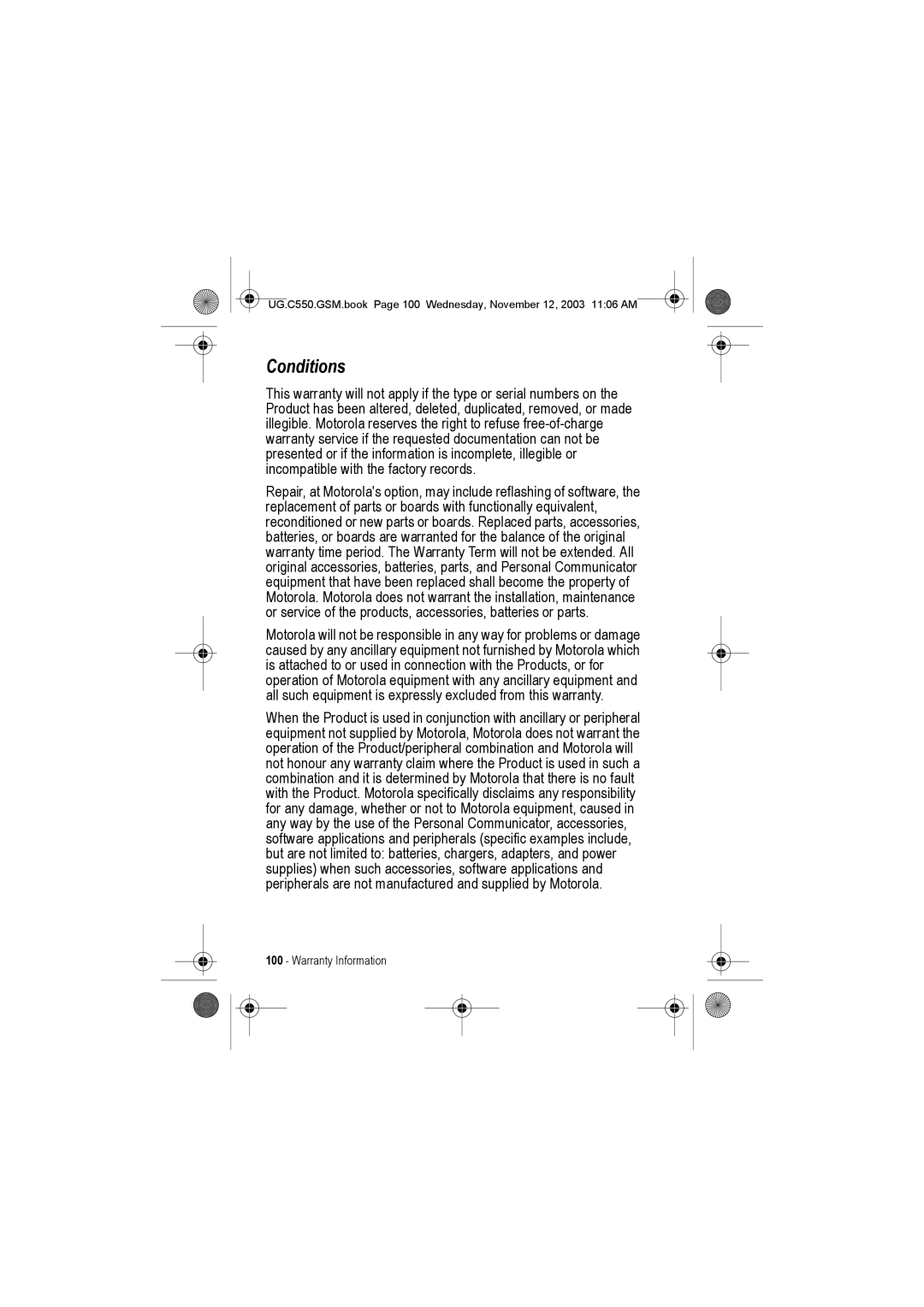 Motorola C550 manual Conditions 