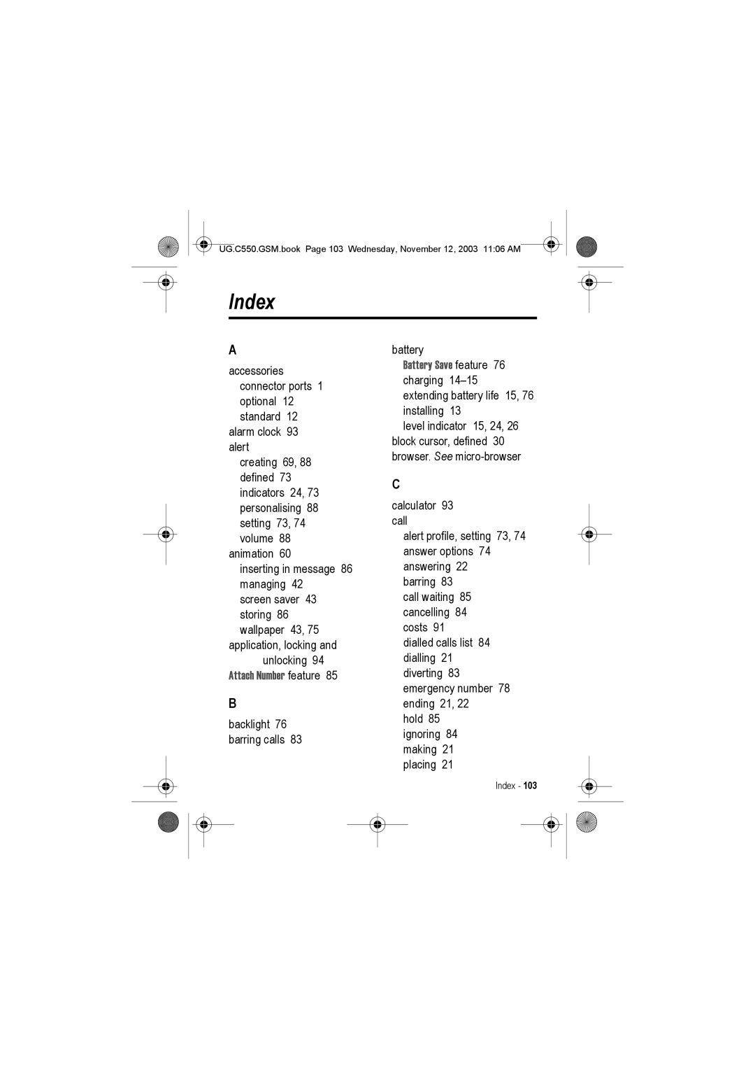 Motorola C550 manual Index, Attach Number feature 