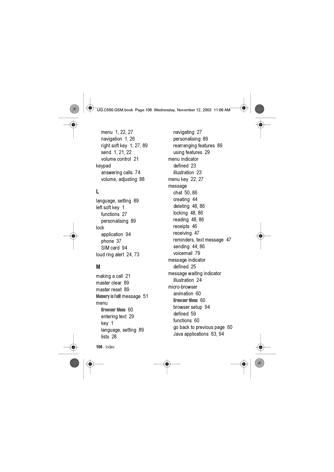 Motorola C550 manual Language, setting 89 lists 