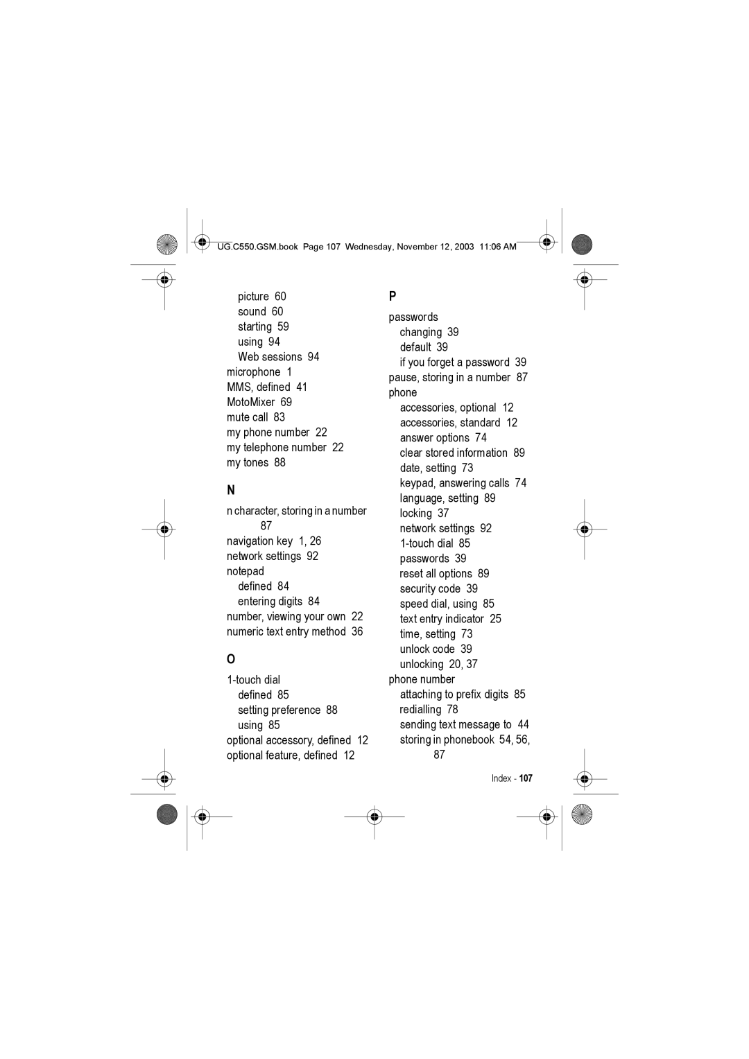 Motorola C550 manual Index 