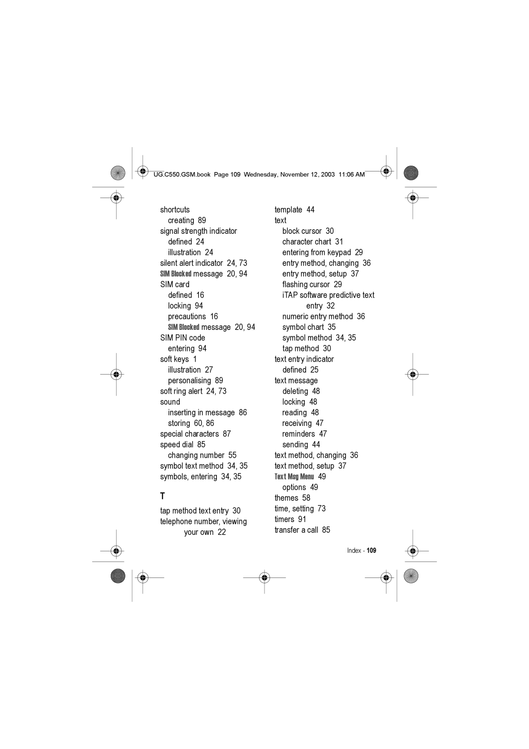 Motorola C550 manual Text method, changing 36 text method, setup 37 Text Msg Menu 