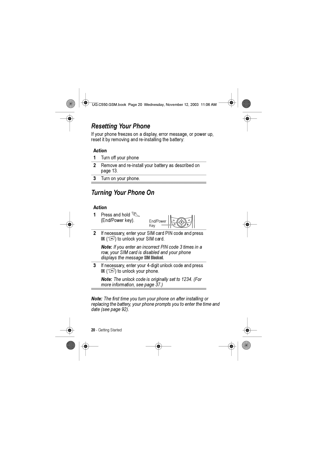 Motorola C550 manual Resetting Your Phone, Turning Your Phone On 