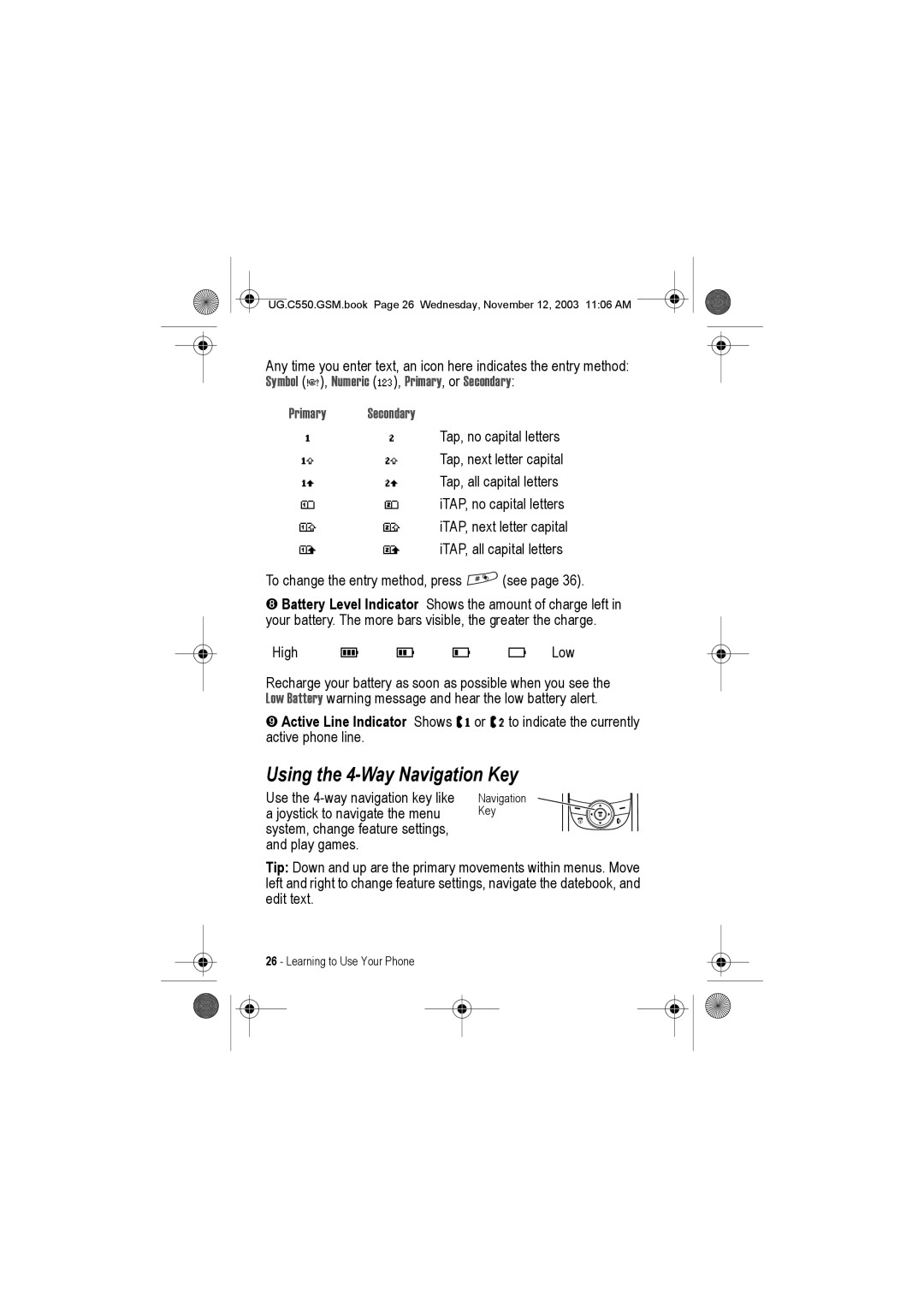 Motorola C550 manual Using the 4-Way Navigation Key 