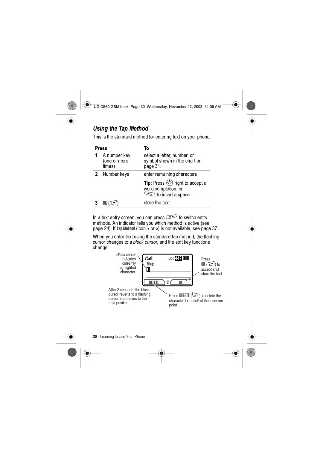 Motorola C550 manual Using the Tap Method, Ok + 