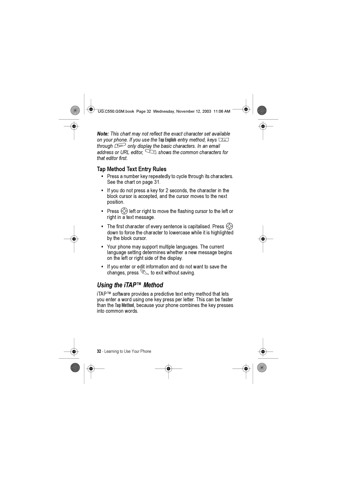 Motorola C550 manual Using the iTAP Method, Tap Method Text Entry Rules 