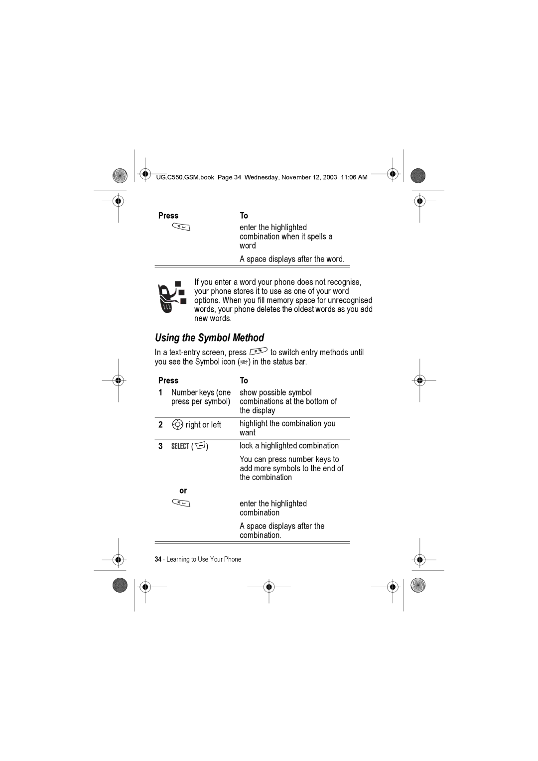 Motorola C550 manual Using the Symbol Method, PressTo 