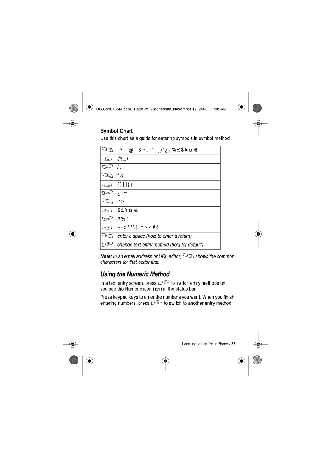 Motorola C550 manual Using the Numeric Method, Symbol Chart 