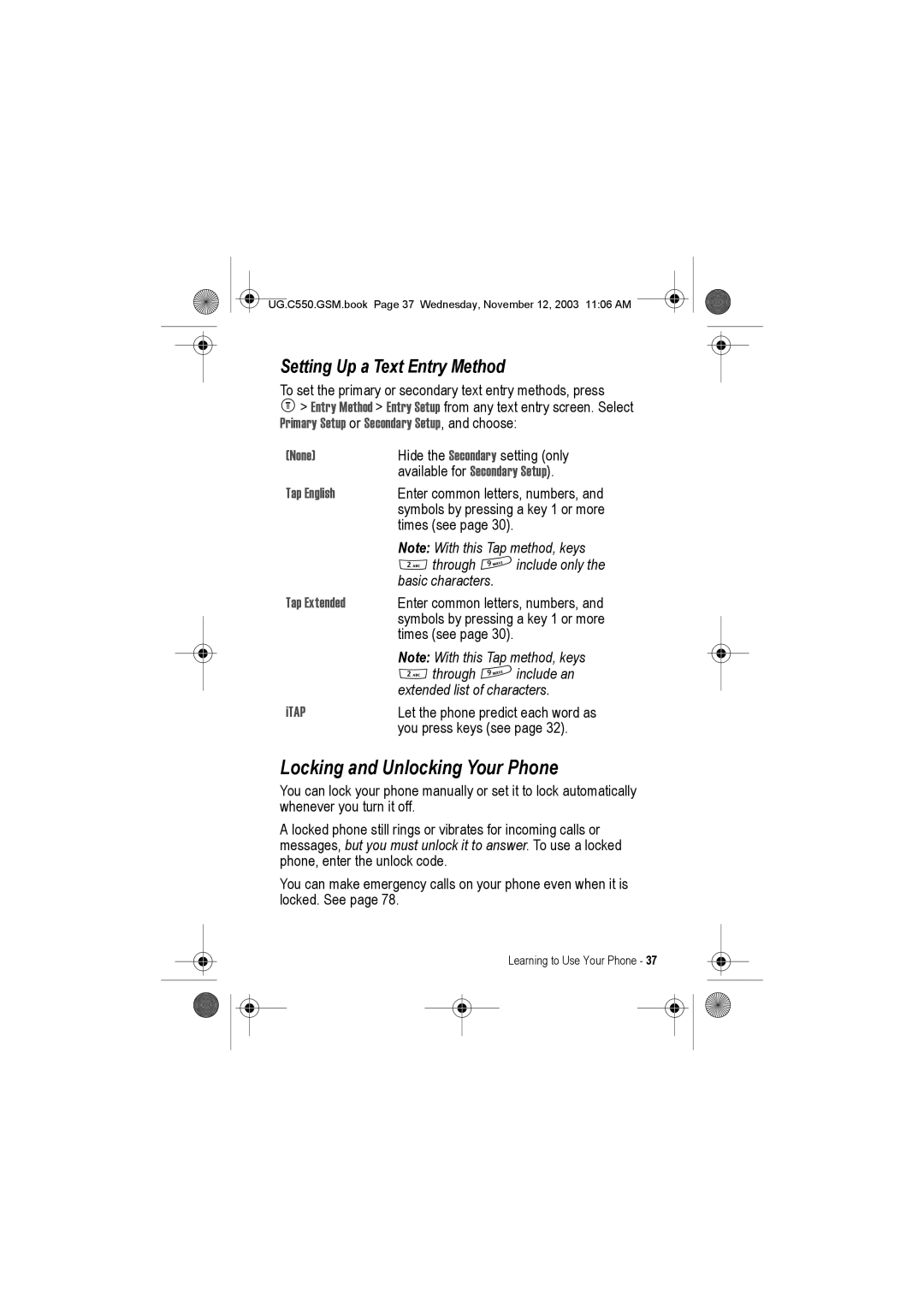 Motorola C550 manual Locking and Unlocking Your Phone, Setting Up a Text Entry Method, Tap English, Tap Extended, Itap 