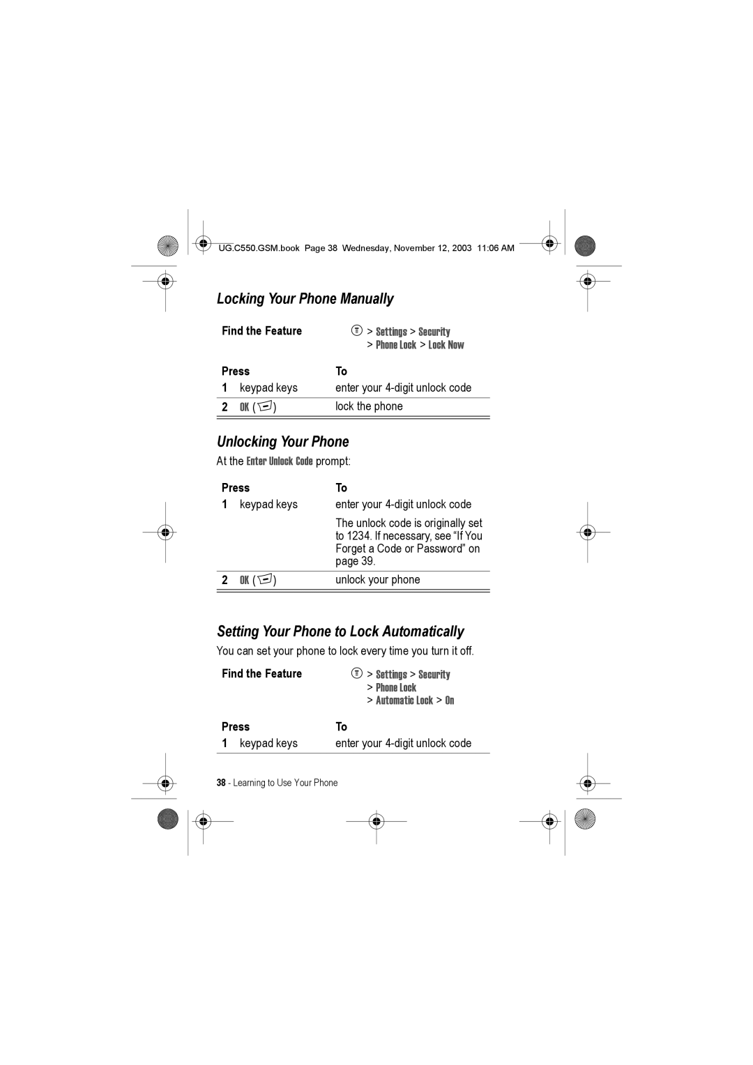 Motorola C550 manual Locking Your Phone Manually, Unlocking Your Phone, Setting Your Phone to Lock Automatically 