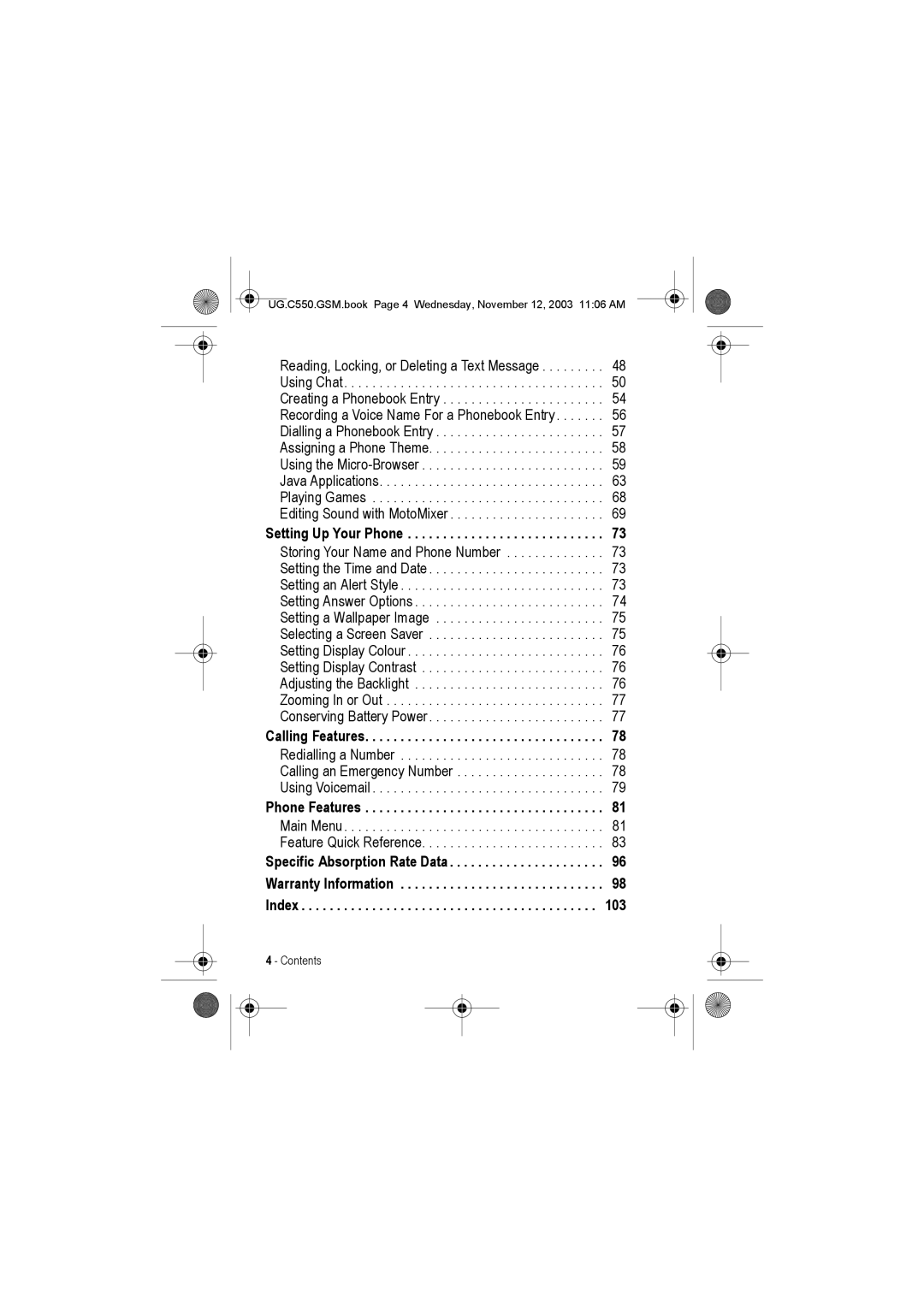 Motorola C550 manual Setting Up Your Phone, Calling Features, Phone Features 