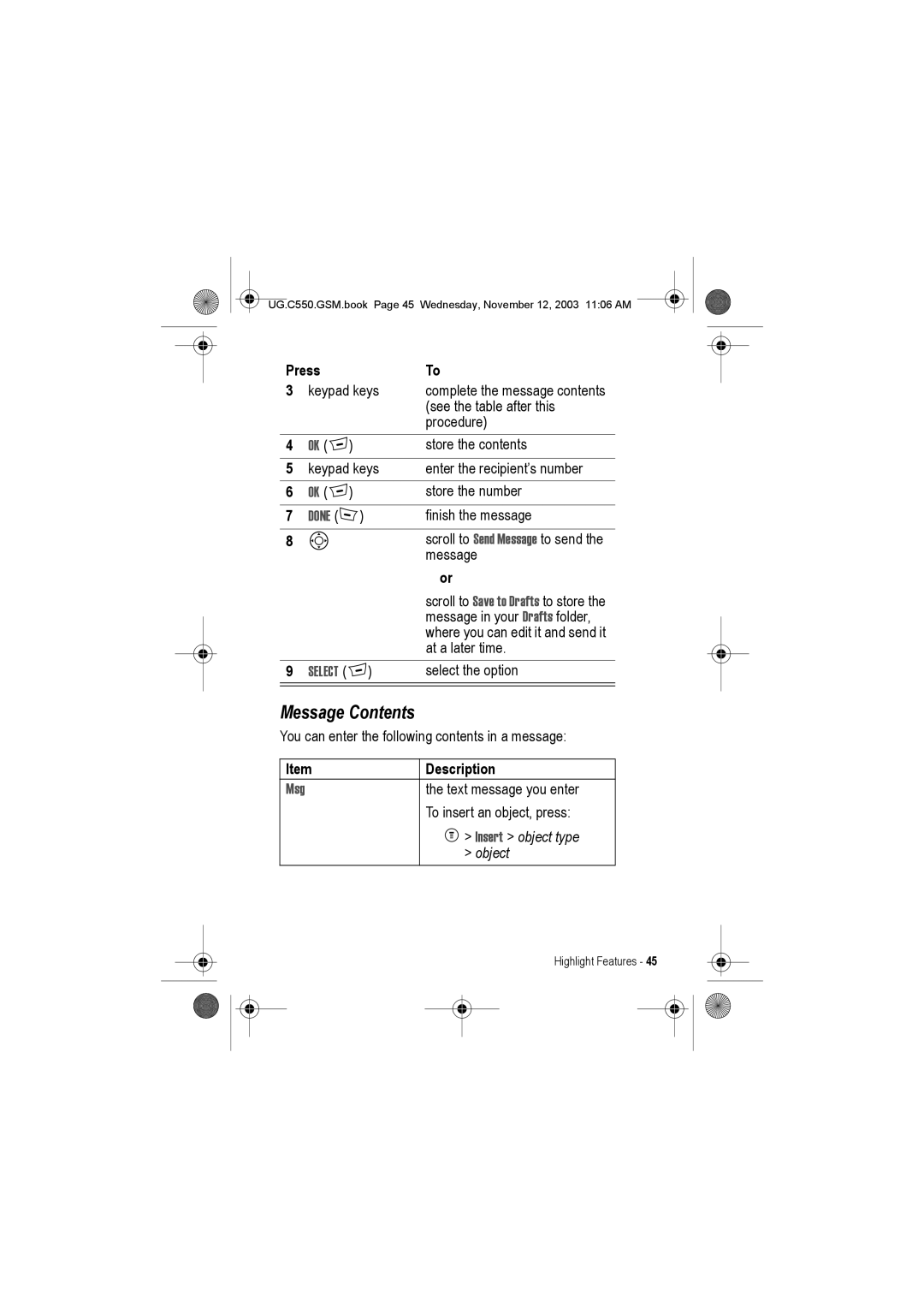 Motorola C550 manual Message Contents 