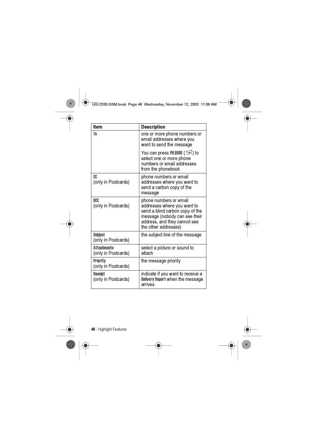 Motorola C550 manual Subject, Attachments, Priority, Receipt, Delivery Report when the message 