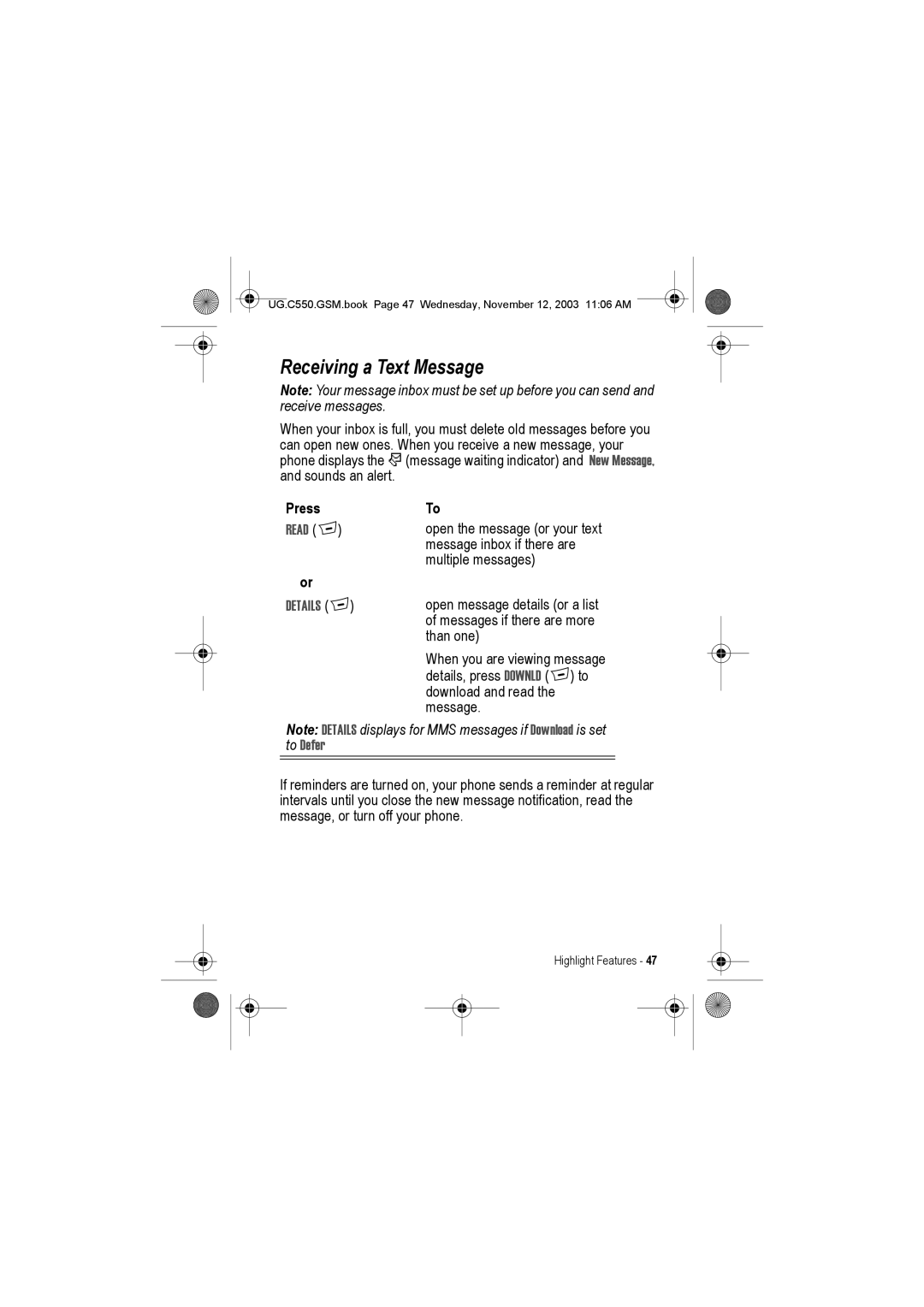 Motorola C550 manual Receiving a Text Message, Read +, Details + 