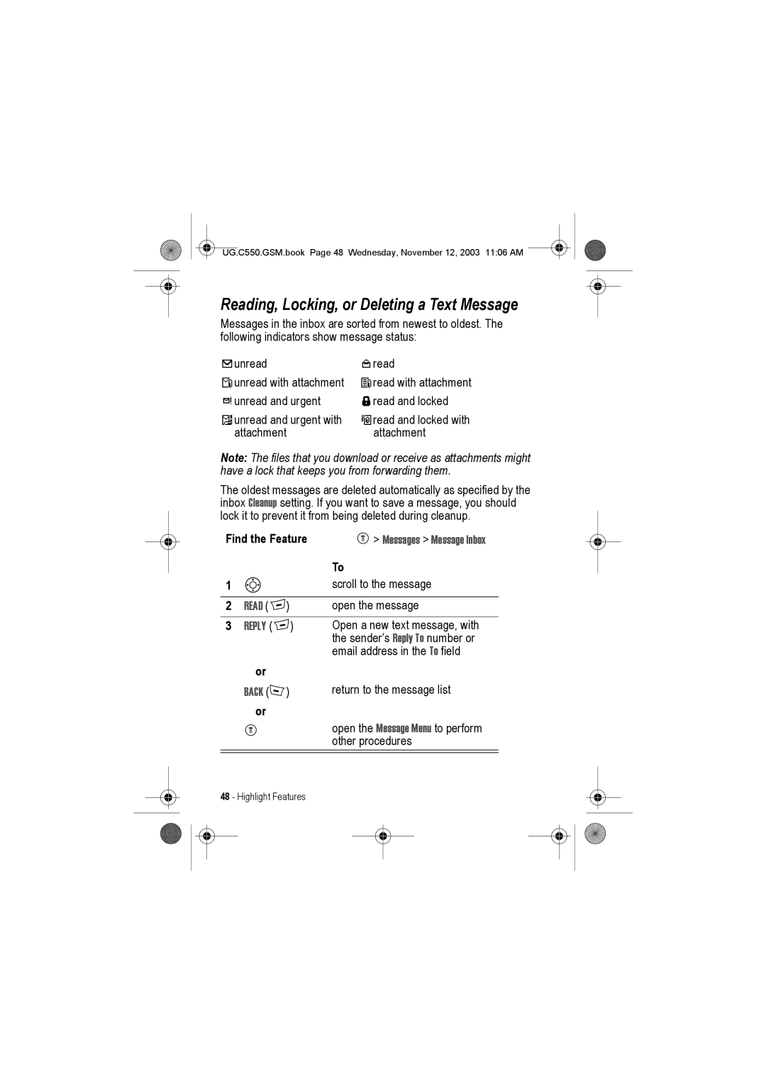 Motorola C550 manual Reading, Locking, or Deleting a Text Message, Messages Message Inbox, Back 