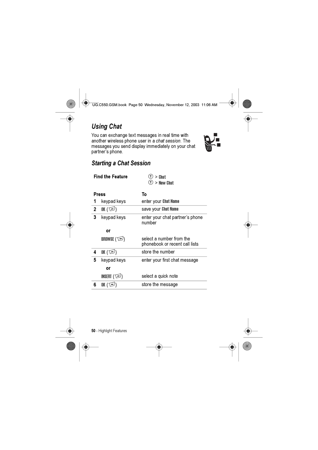 Motorola C550 manual Using Chat, Starting a Chat Session, New Chat 