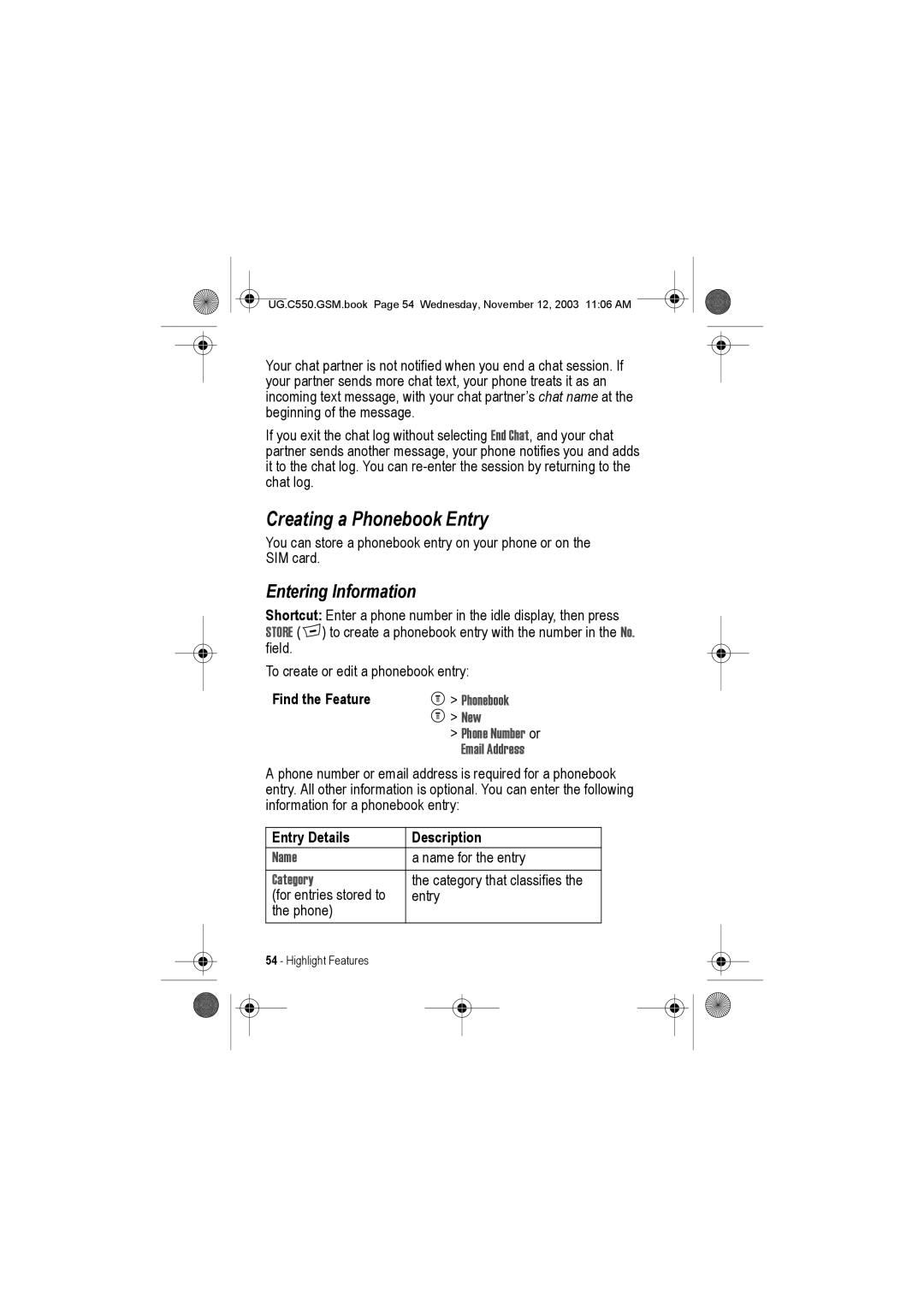 Motorola C550 manual Creating a Phonebook Entry, Entering Information, Entry Details Description 