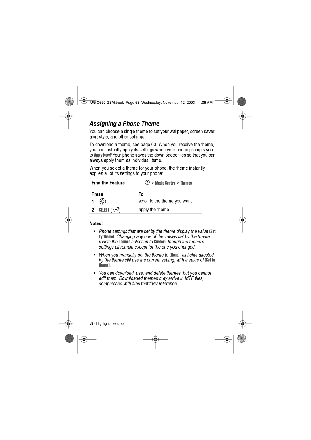 Motorola C550 manual Assigning a Phone Theme, Media Centre Themes 