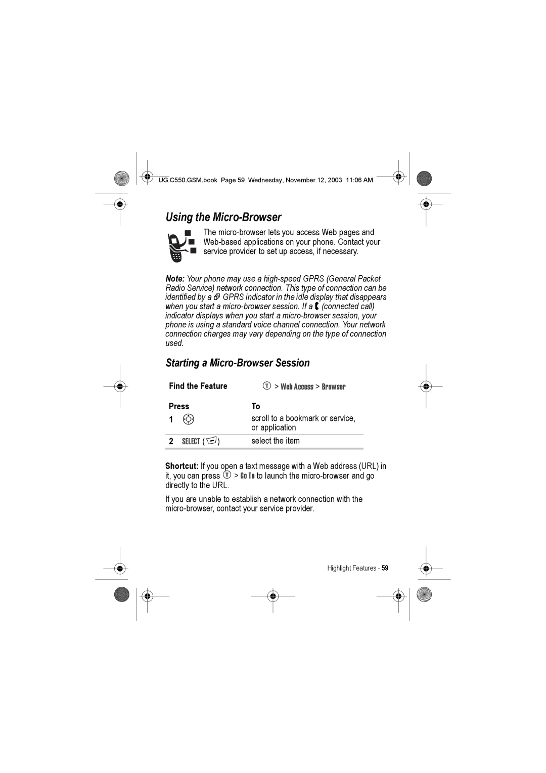 Motorola C550 manual Using the Micro-Browser, Starting a Micro-Browser Session, Web Access Browser 